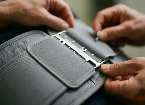 Close-up of hands fastening a metal velcro buckle on a gray fabric medical splint with soft lighting and blurred background