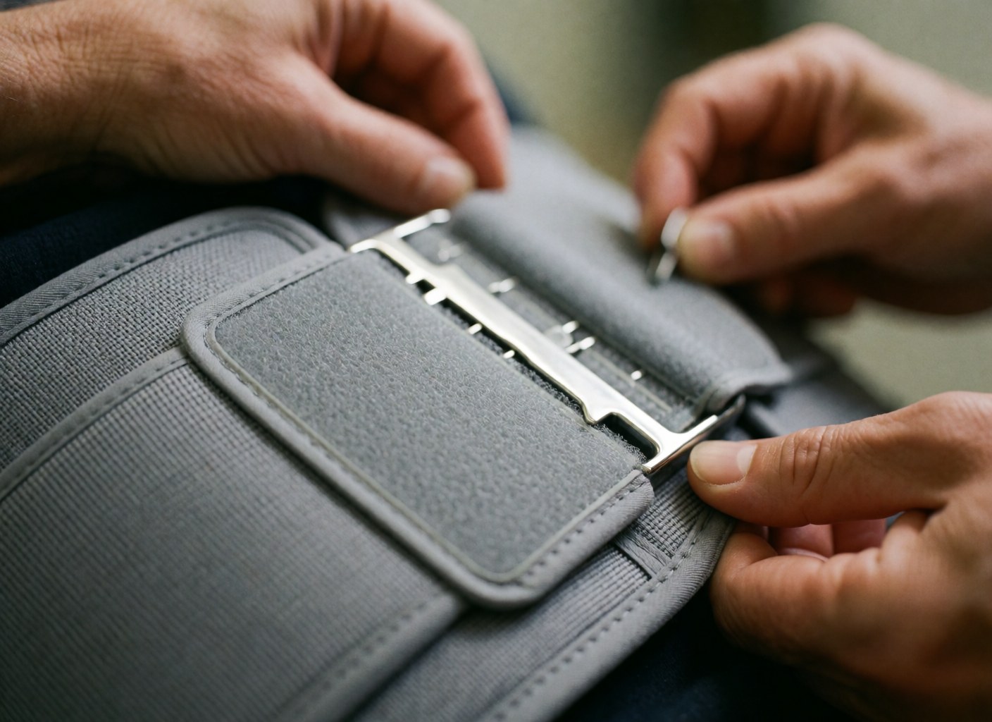 Close-up of hands fastening a metal velcro buckle on a gray fabric medical splint with soft lighting and blurred background
