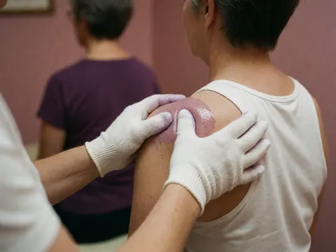 Therapist wearing gloves massages a client's shoulder with purple oil against a pink wall in a relaxing professional setting