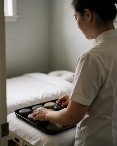A team of professionals preparing a hot stone massage therapy session with stones on a tray beside a massage bed covered in white linen