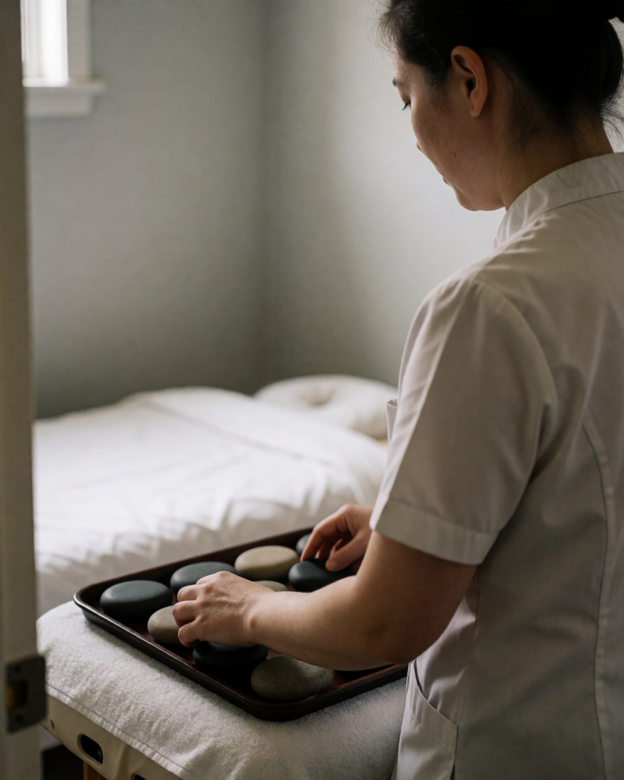 A team of professionals preparing a hot stone massage therapy session with stones on a tray beside a massage bed covered in white linen