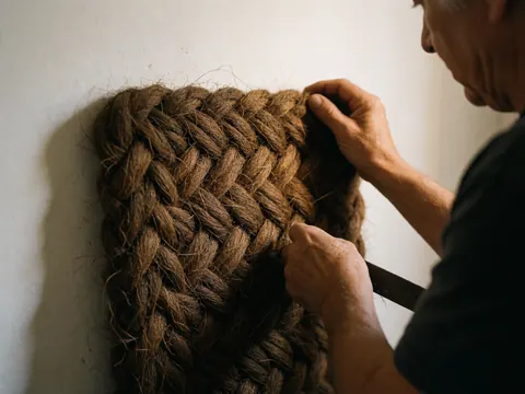 Detailed view of natural brown coconut fiber fabric woven in a herringbone pattern against a white background with warm lighting