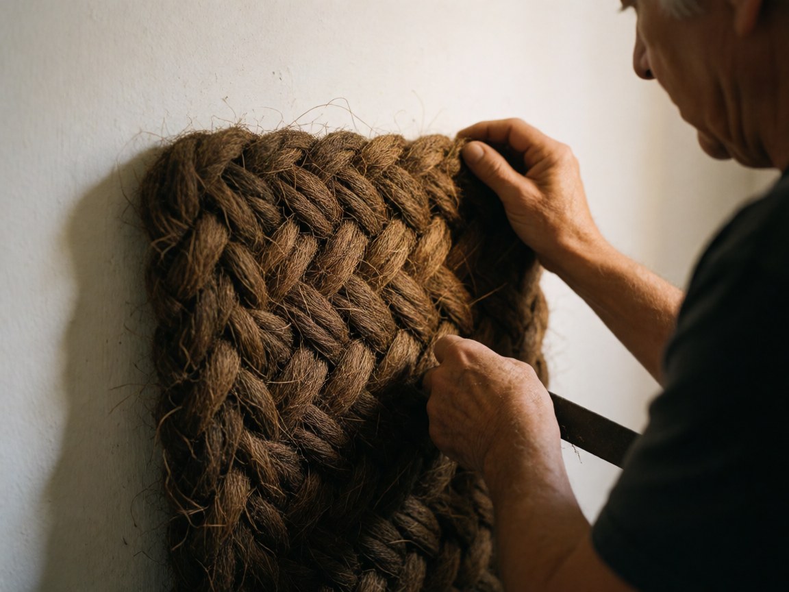 Detailed view of natural brown coconut fiber fabric woven in a herringbone pattern against a white background with warm lighting