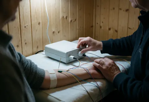 Professional adjusting electroacupuncture device connected to needles on a client's arm in a clean clinic with wooden walls