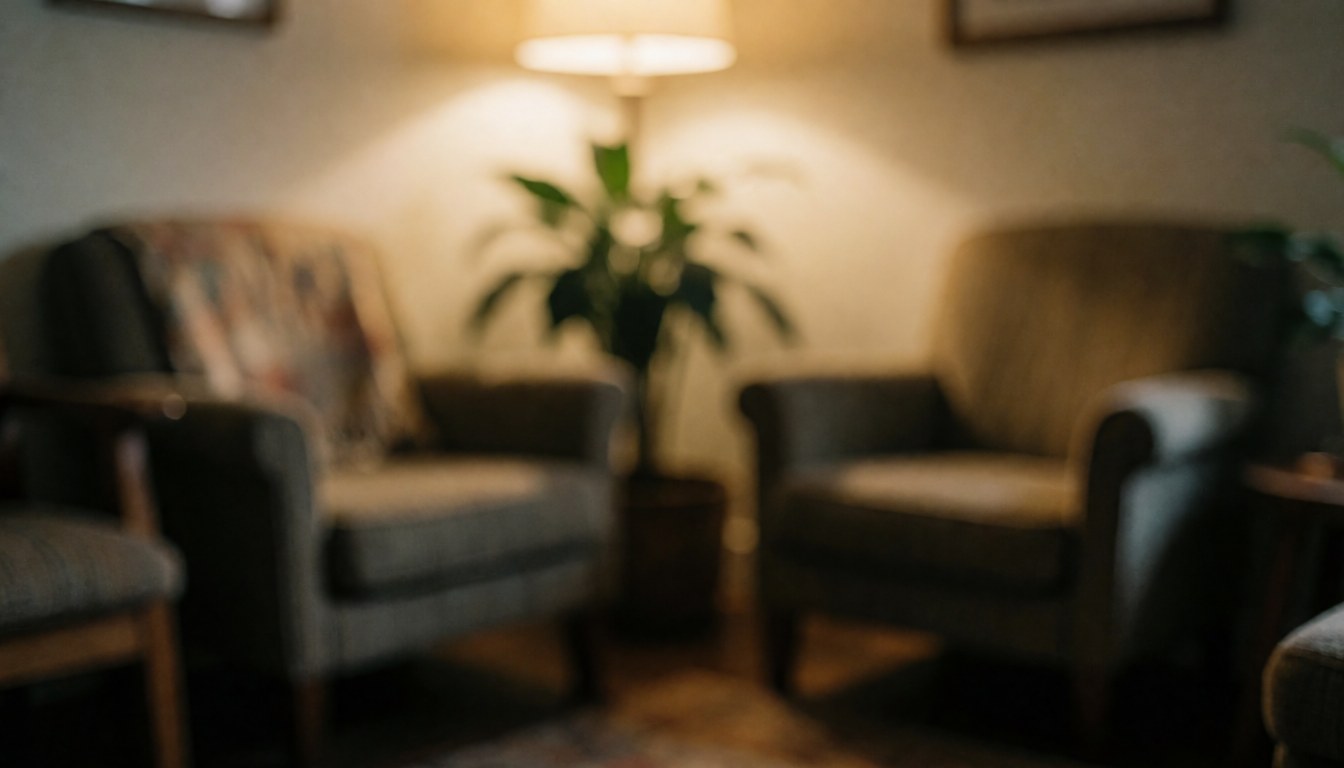 A cozy waiting room interior featuring comfortable armchairs, a potted plant, and warm ambient lighting, creating a calm atmosphere suitable for text overlay