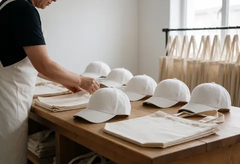 A professional wearing an apron arranges white caps and fabric bags on a wooden table with clothing racks in the background lit by natural light