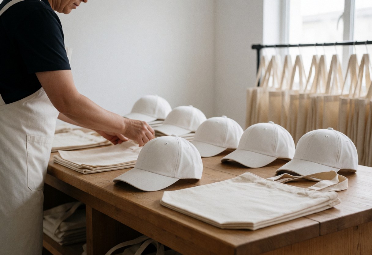 A professional wearing an apron arranges white caps and fabric bags on a wooden table with clothing racks in the background lit by natural light