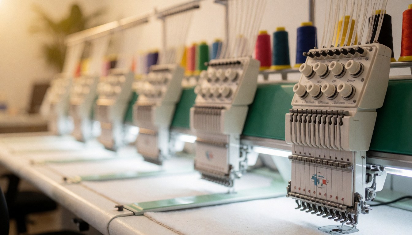 A clean background featuring an embroidery station with colorful thread spools and machines, ideal for text overlays in clothing customization projects.