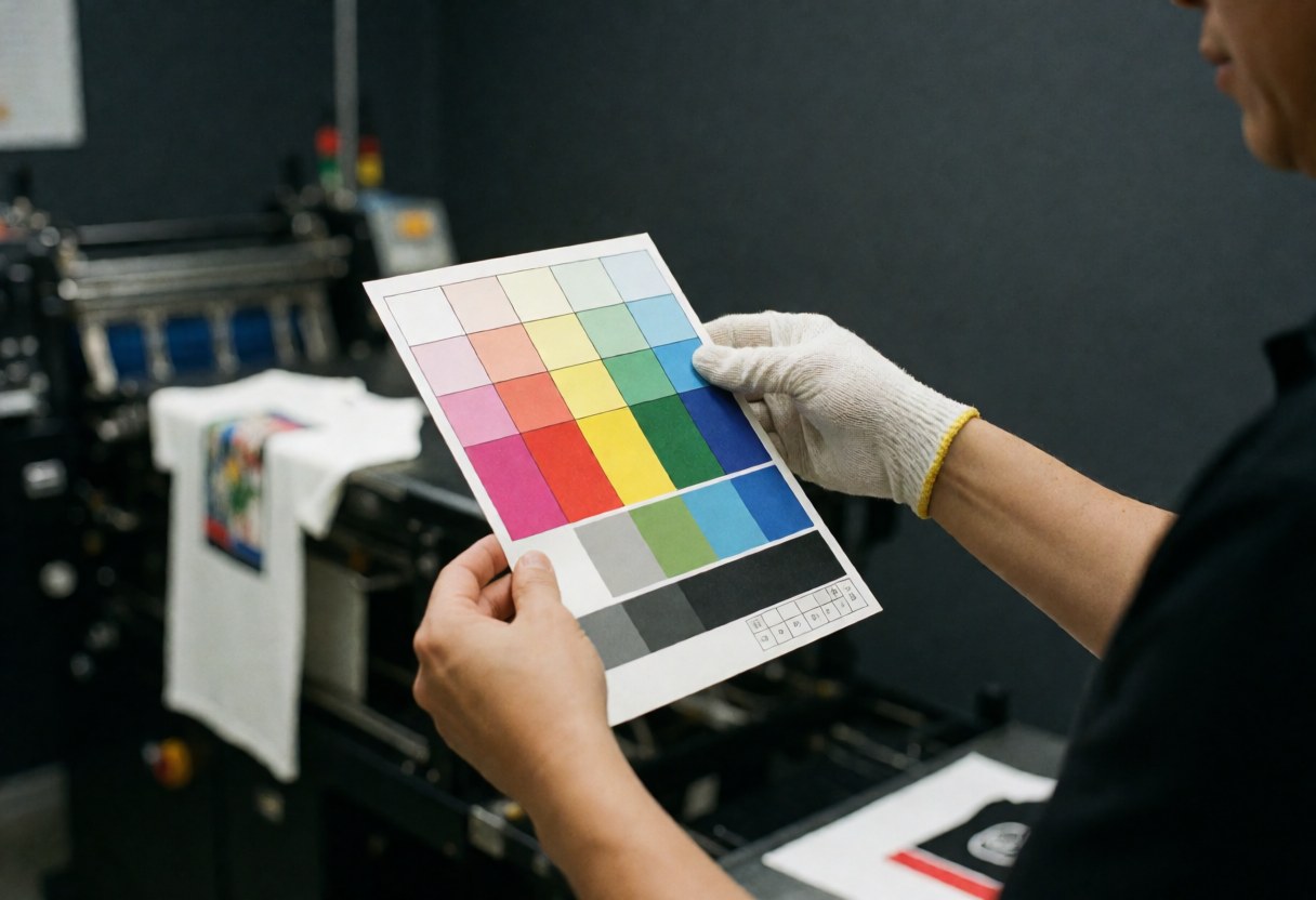 A technician wearing a white glove compares a color chart with a printed t-shirt on an industrial printer to ensure precision and quality.
