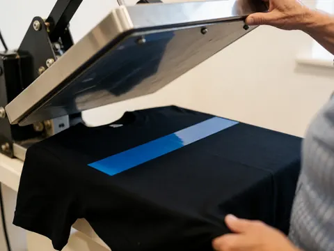 Close-up view of a heat press machine pressing blue vinyl onto a black t-shirt in a workshop setting