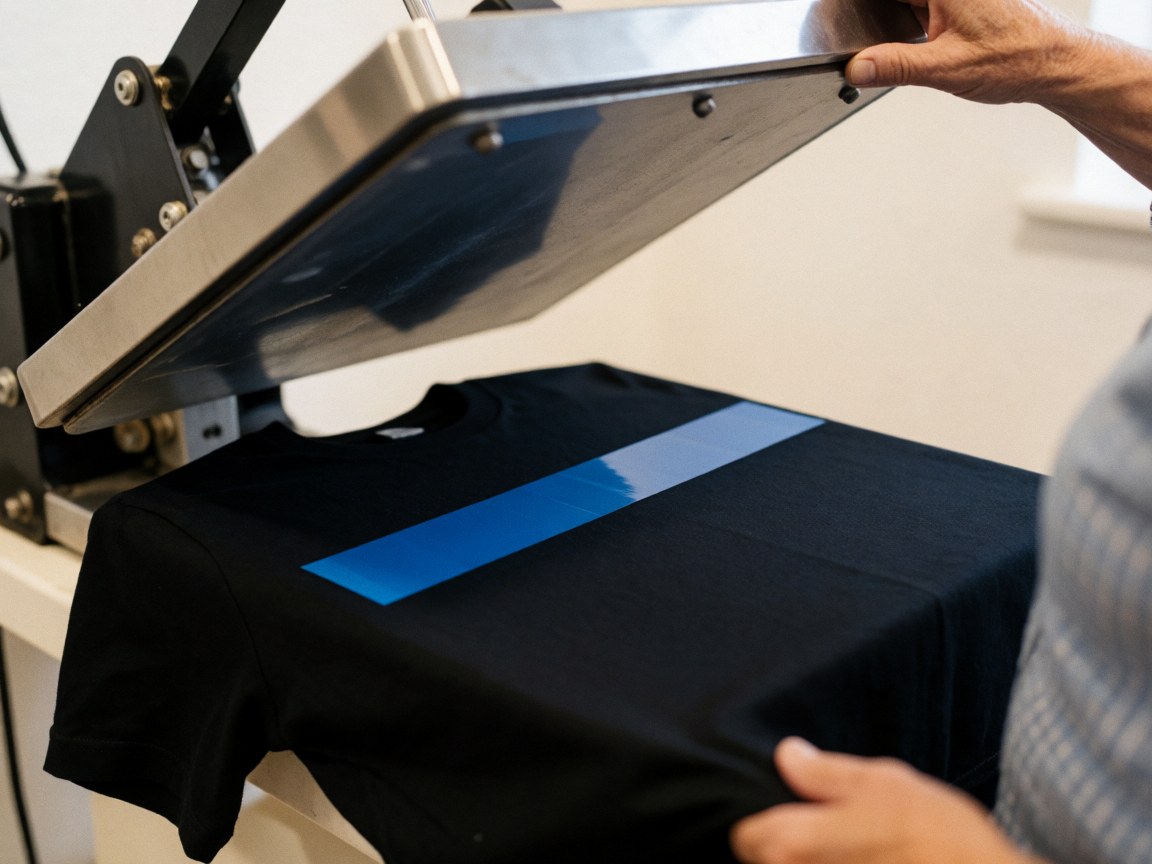 Close-up view of a heat press machine pressing blue vinyl onto a black t-shirt in a workshop setting