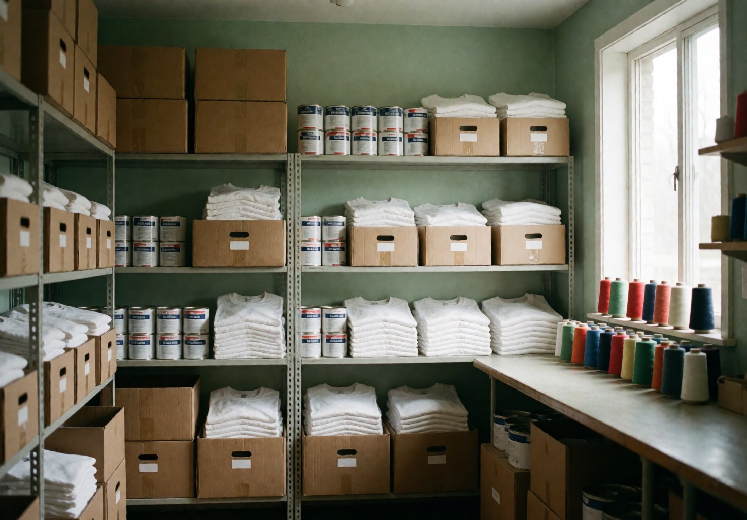 A well-organized storage room filled with shelves holding cardboard boxes, fabric rolls, and textile materials, illuminated by natural light from a window.