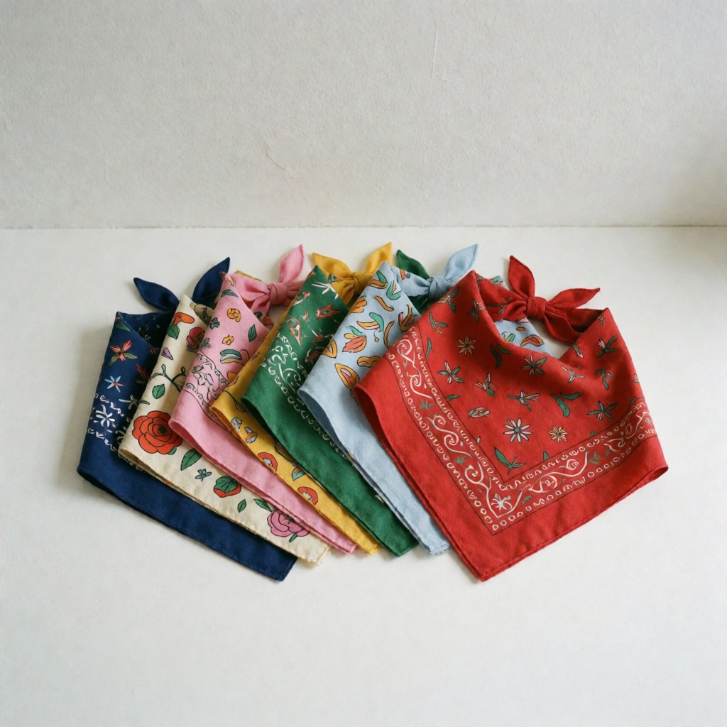 Top-down view of assorted floral and geometric bandanas for dogs and cats arranged neatly on a clean white surface for product catalog use