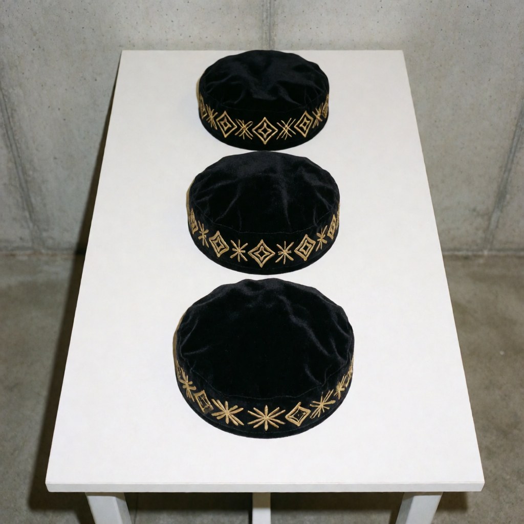 Three black velvet hats featuring gold embroidery arranged in a row on a white table, ideal for showcasing custom apparel products.