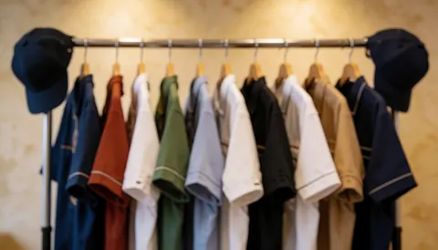 A metal clothing rack displaying a variety of custom work uniforms, including shirts and caps, arranged for employee branding and team apparel needs.