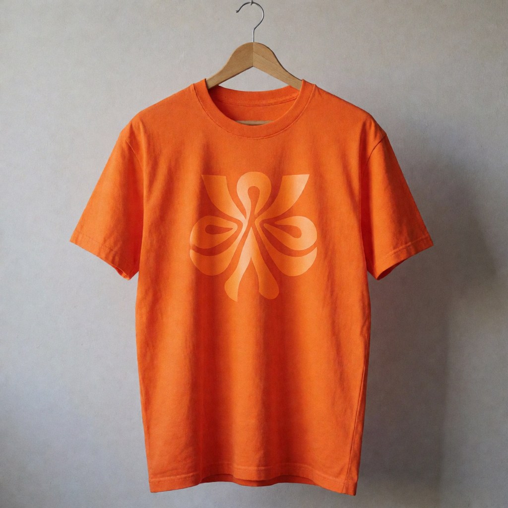 An orange t-shirt hanging on a wooden hanger against a neutral gray background with natural lighting, showcasing the garment for product display purposes