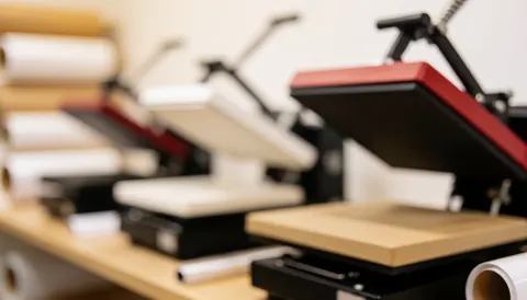 Blurred background featuring heat presses and transfer paper rolls, ideal for clothing design and text overlays in a professional workshop setting.