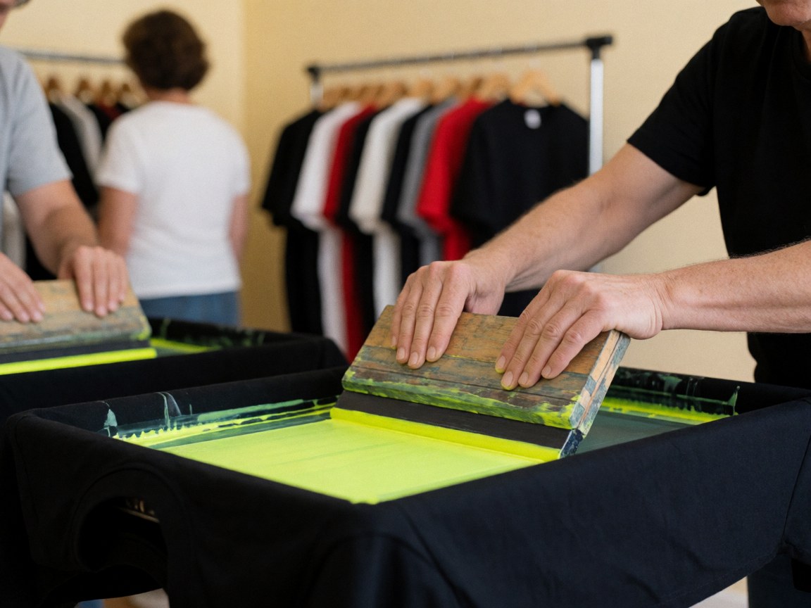 Close-up of a hand using a squeegee to apply neon ink onto a black t-shirt in a custom apparel workshop setting with clothes hangers in the background