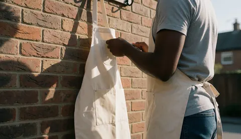 An apron hanging on a wall in a workshop studio with natural light and shadows highlighting the texture of the fabric and wooden elements