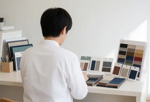 Back view of a person choosing fabric samples at a clothing customization counter in a bright professional setting