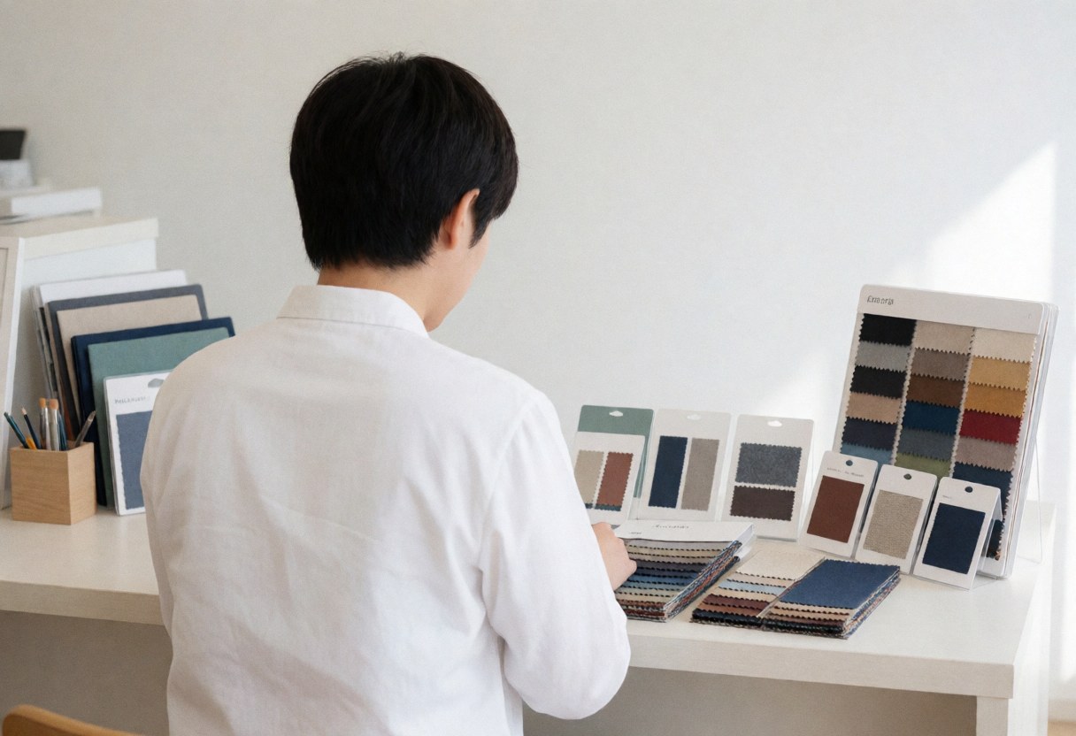 Back view of a person choosing fabric samples at a clothing customization counter in a bright professional setting