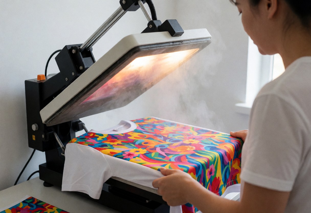 A person uses a heat press machine to apply a colorful design onto a white t-shirt in a professional workshop setting with visible steam.