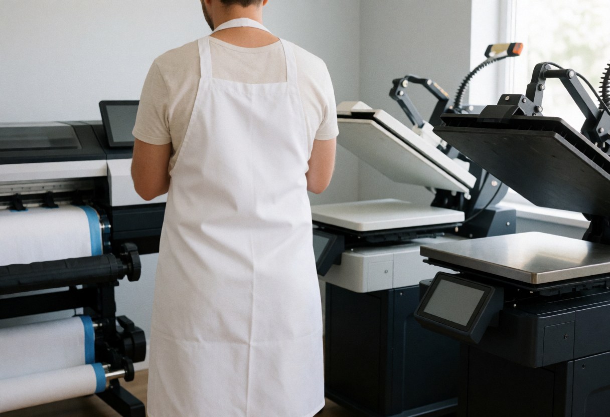 Back view of a person in a white apron observing digital printing machines in a clean modern workshop with natural light
