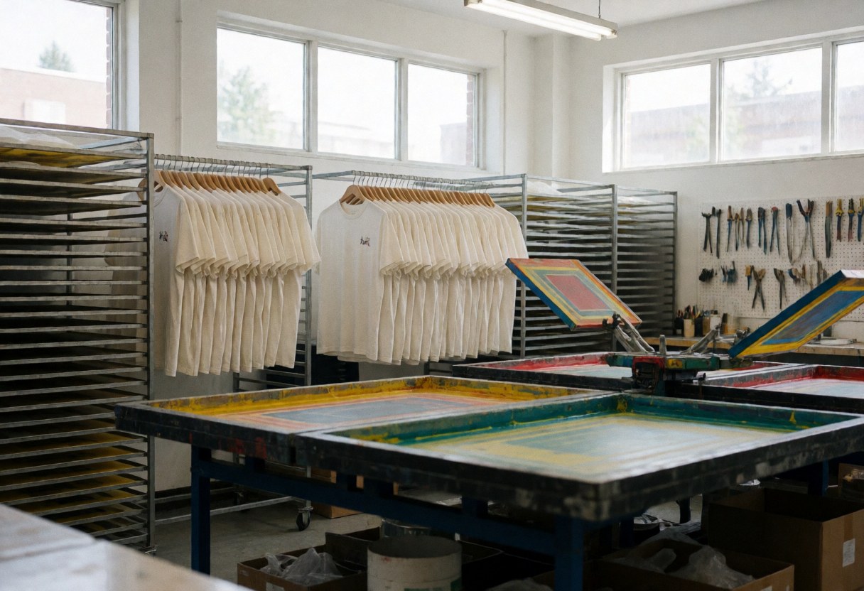 Clean industrial t-shirt printing workshop with white shirts hanging on racks, ink tables, and tools near bright windows.
