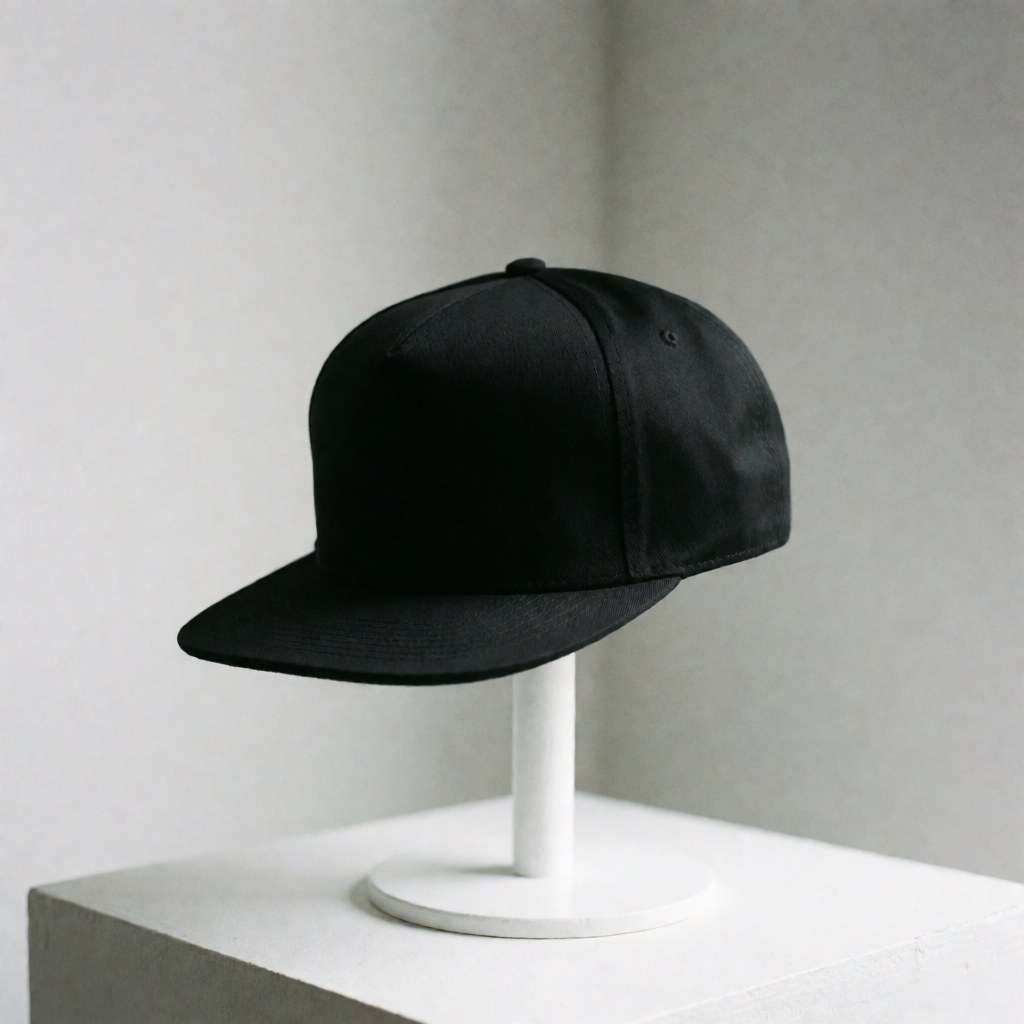 A modern black baseball cap displayed against a clean white background, showcasing a minimalist urban fashion accessory for clothing customization and branding purposes.