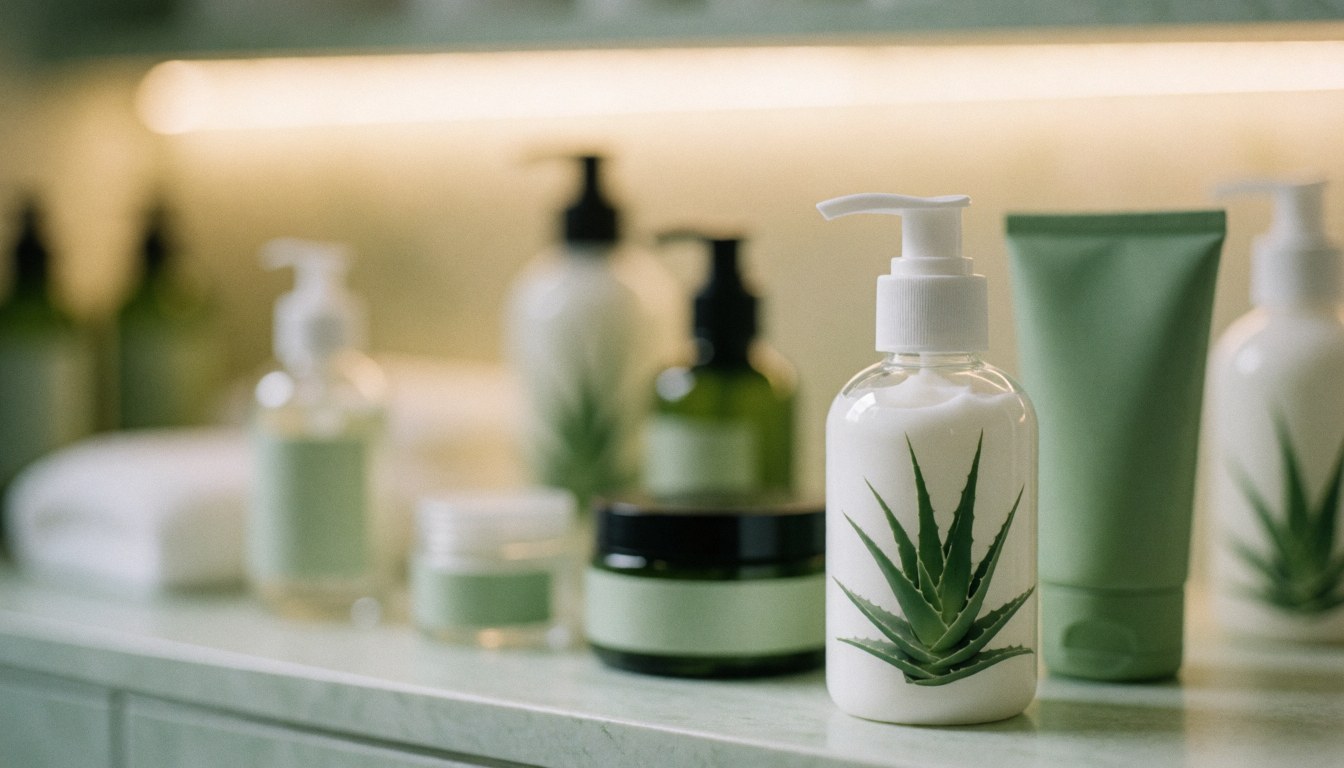 Soft focus background featuring blurred bottles and tubes of natural skincare products in green and white tones, ideal for spa and wellness text overlays.
