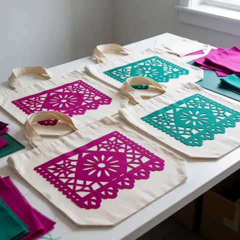 Two tote bags featuring colorful papel picado embroidery designs in magenta and teal resting on a clean white surface alongside sewing materials