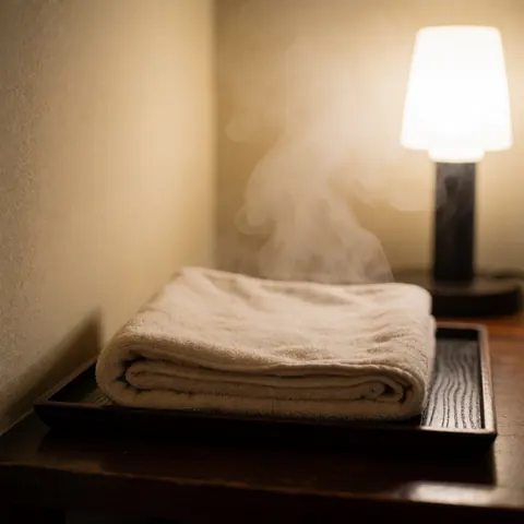 A premium bamboo towel placed on a dark wooden tray, evoking a relaxing spa atmosphere with warm lighting and natural textures.