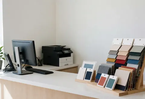 Clothing customization counter with fabric swatches, computer, printer, and white wall. Clean professional environment for apparel design projects.