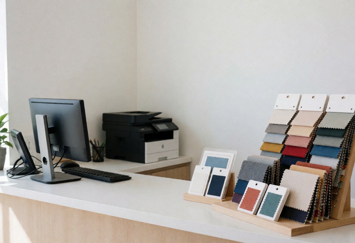 Clothing customization counter with fabric swatches, computer, printer, and white wall. Clean professional environment for apparel design projects.