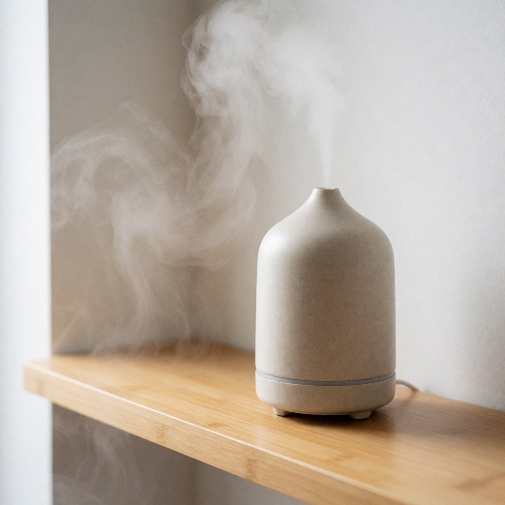A minimalist wooden aroma diffuser releasing a gentle stream of vapor against a white wall, creating a serene and calming atmosphere for wellness spaces.