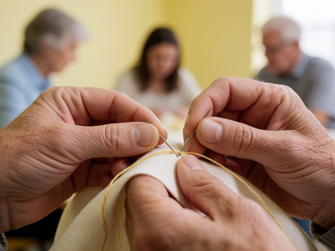 Detailed close-up view of hands using a needle and yellow thread to sew fabric, highlighting the texture and craftsmanship of the textile work against a blurred background.