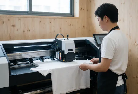 A worker supervises direct-to-garment printing on a white t-shirt in a bright workshop with wooden walls and natural light.