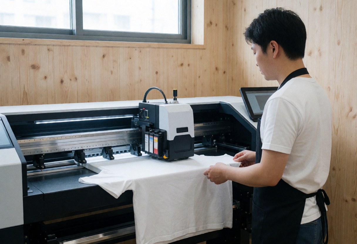 A worker supervises direct-to-garment printing on a white t-shirt in a bright workshop with wooden walls and natural light.