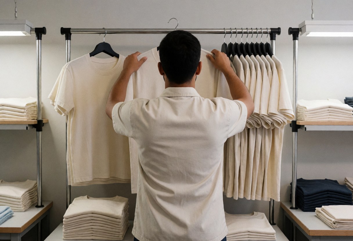 A worker places white t-shirts onto a metal rack in an organized sewing workshop with bright lighting and folded clothes on shelves.