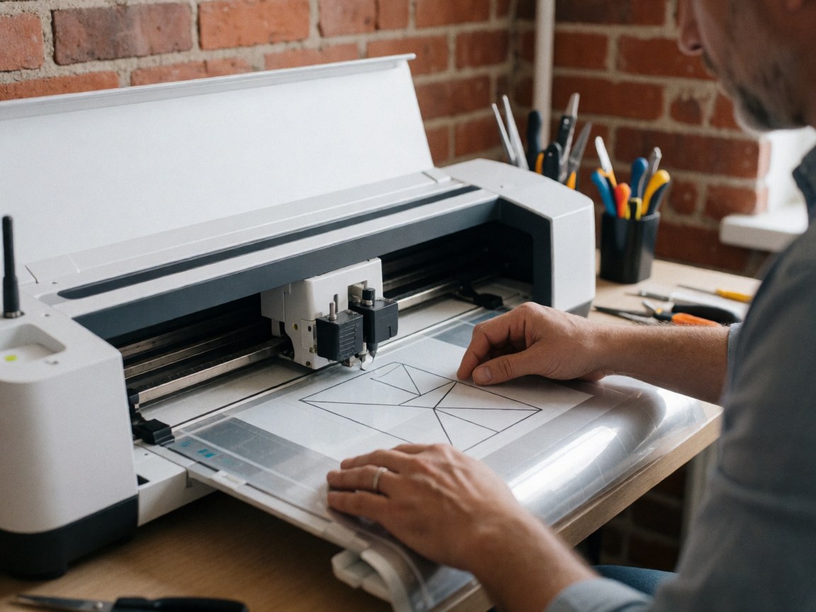 Close-up view of a minimalist design vinyl cutter resting on a brick wall, highlighting precision tools for custom clothing and graphic design projects.