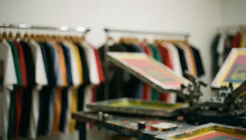 A workshop background featuring t-shirts and textile printing equipment, suitable for commercial design and business advertising purposes