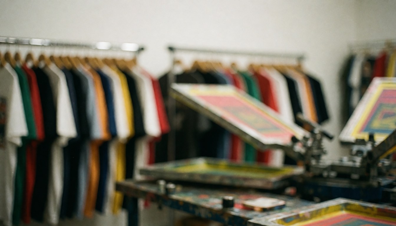 A workshop background featuring t-shirts and textile printing equipment, suitable for commercial design and business advertising purposes