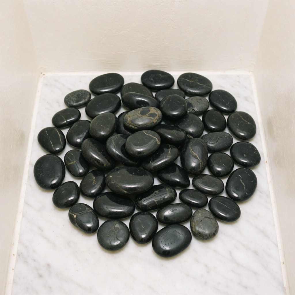 Smooth black basalt stones arranged for a relaxing hot stone massage treatment in a spa setting