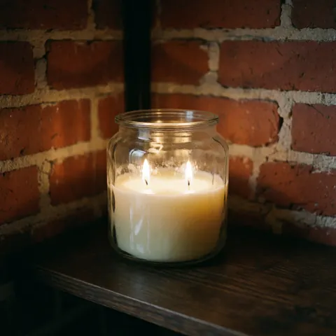 A lit soy wax candle inside a clear glass jar placed on a dark wooden surface with a brick wall background, emitting a warm glow.