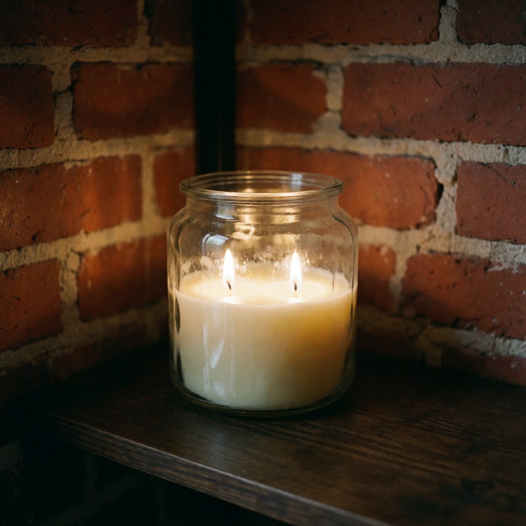 A lit soy wax candle inside a clear glass jar placed on a dark wooden surface with a brick wall background, emitting a warm glow.