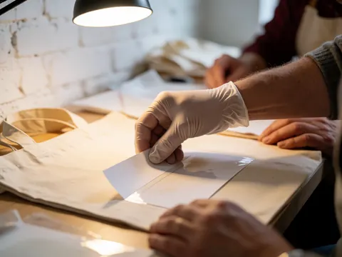 Gloved hand applying a design to a canvas tote bag with warm lighting, white brick wall, and customization tools in the background.