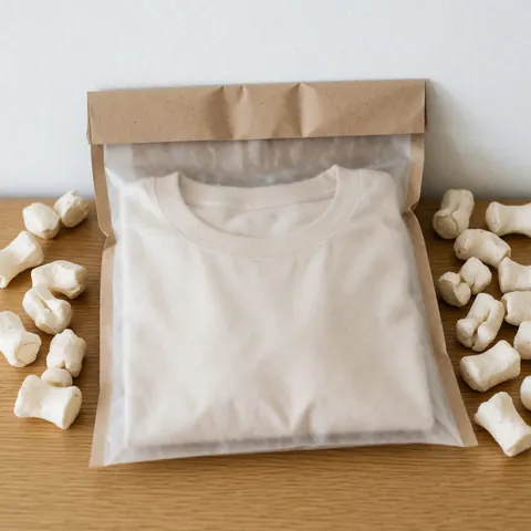 Folded beige organic t-shirt inside a translucent compostable mailer bag placed on a light wood surface for sustainable clothing packaging.