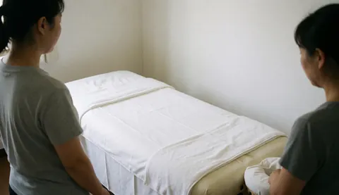 A clean massage table prepared with fresh white sheets and towels, ready for a relaxing spa treatment session in a professional wellness setting.