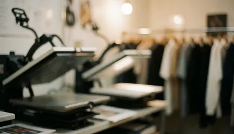 A softly blurred background of a workshop interior featuring hanging clothes and printing equipment, ideal for text overlay in business contexts.