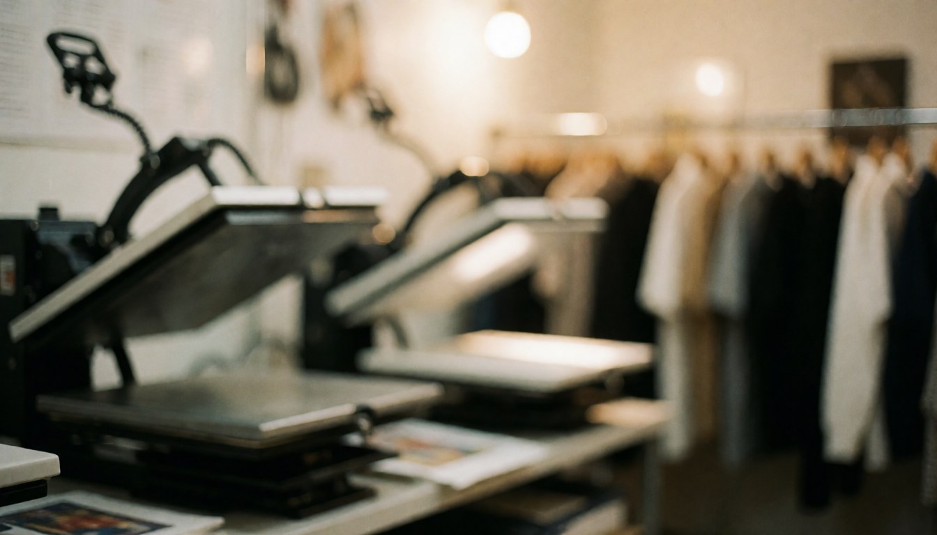 A softly blurred background of a workshop interior featuring hanging clothes and printing equipment, ideal for text overlay in business contexts.